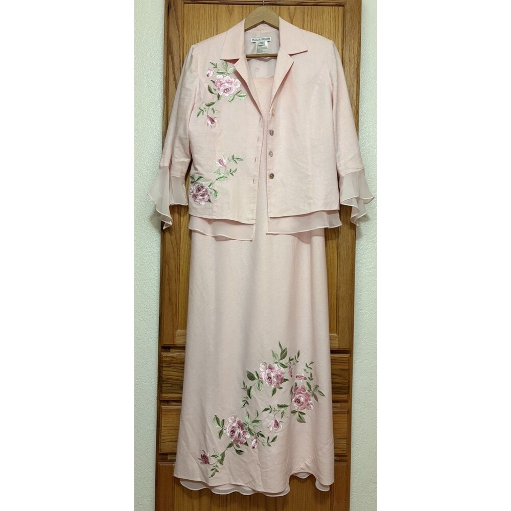 VINTAGE Plaza South Linen Pink Maxi Dress Jacket Set Floral Embroidered Sz 12